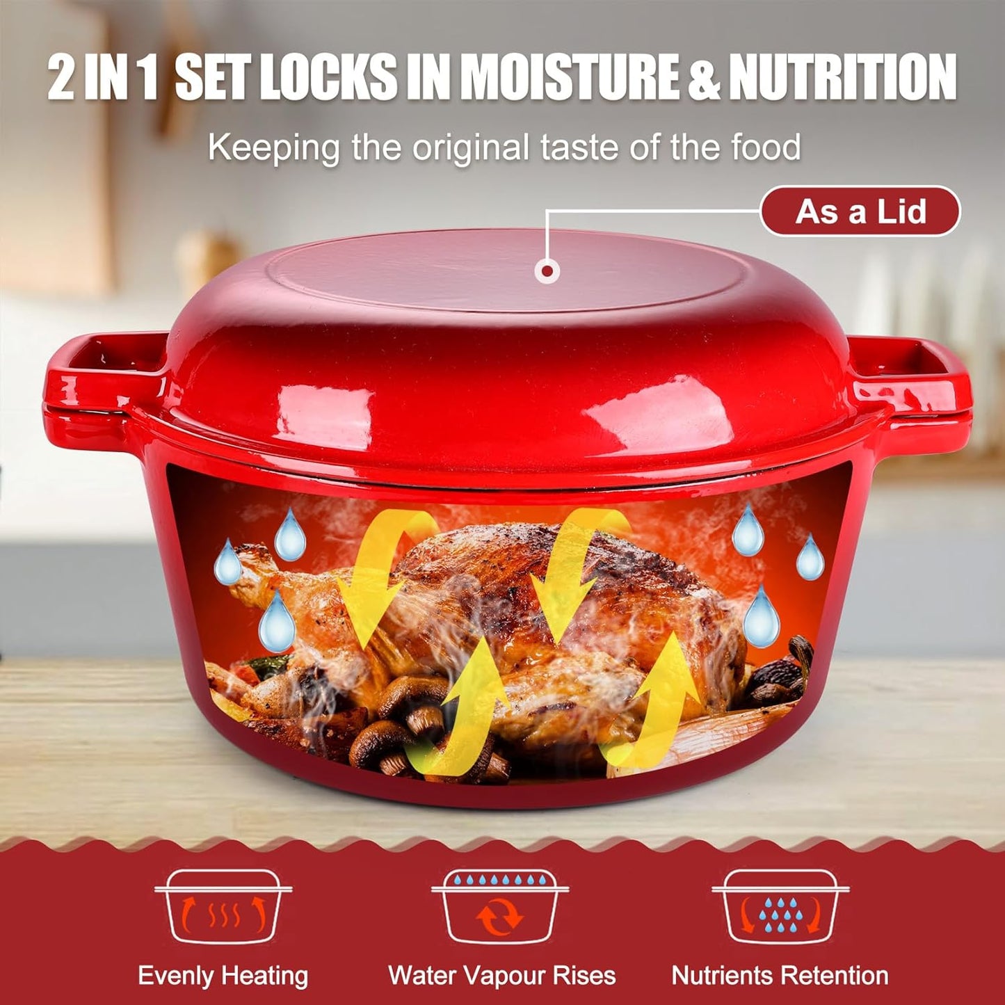 5Qt Dutch Oven Pot for Bread Baking (Red), 2 in 1 round Cast Iron Dutch Oven with Lid Set, Skillet & Pot for Roasting Braising Stewing Frying Simmering, Multi Stoves & Oven Safe