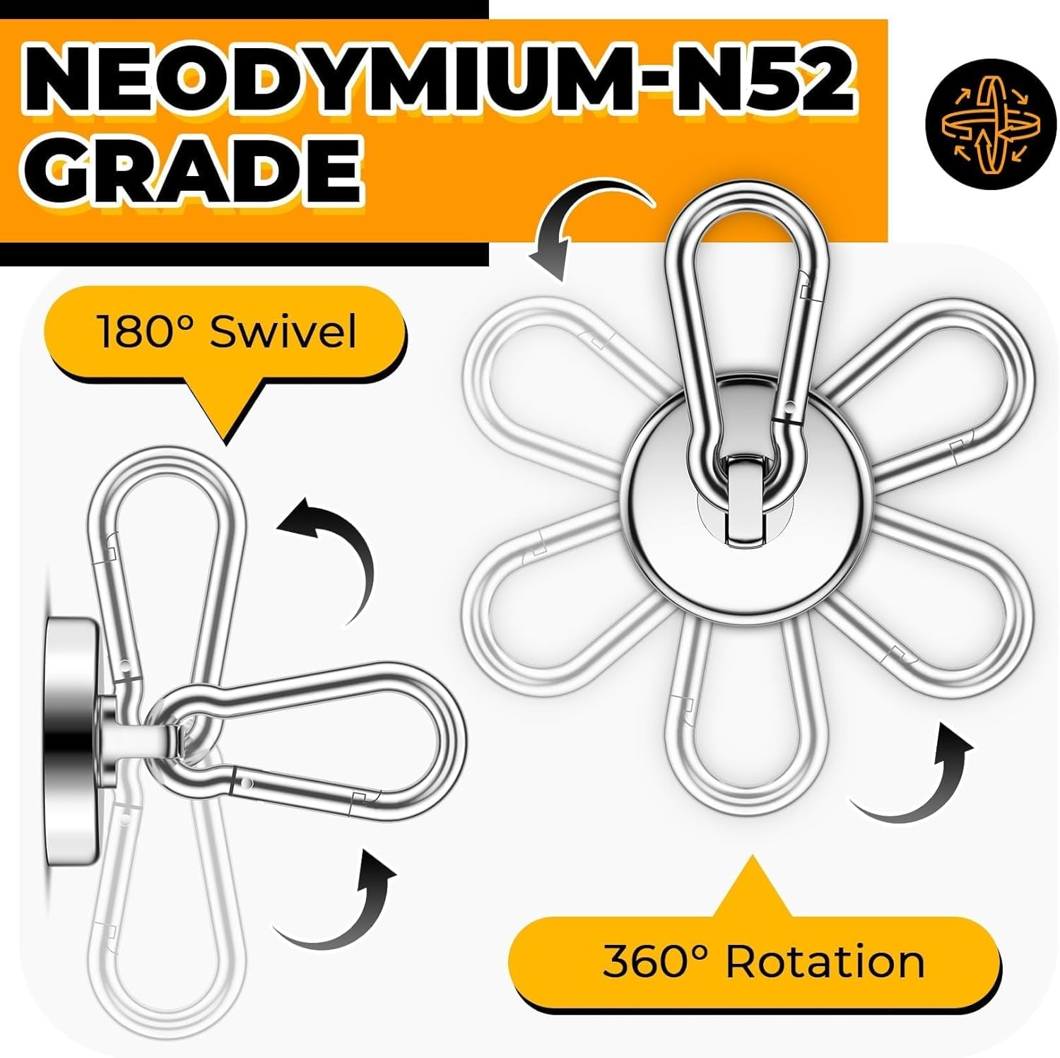 Heavy-Duty 100Lbs Neodymium Grade-52 Magnetic Hooks with Swivel Carabiner - 4 Pack for Versatile Hanging in Home, Office, Kitchen, Garage, and Cruise Use