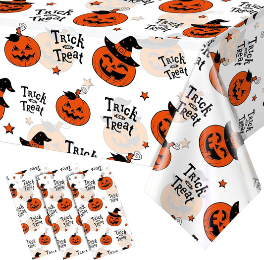 3 Pack Halloween Plastic Tablecloth Decorations, Trick or Treat Halloween Disposable Table Cloth, Hallo Ween Pumpkin Rectangle Table Cover for Kids Indoor Party Decorations, 54 X 108 Inch