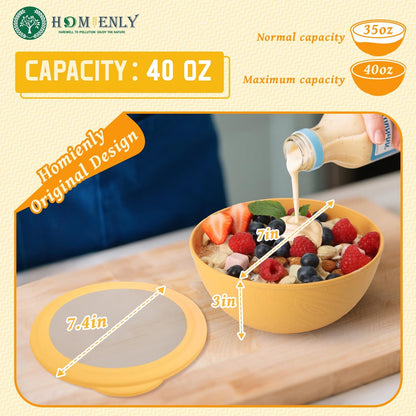 Eco-Friendly Wheat Straw Cereal Bowls with Lids, 40 OZ - Set of 4, Microwave and Dishwasher Safe, Perfect for Lunch, Kitchen, RV, and Camping