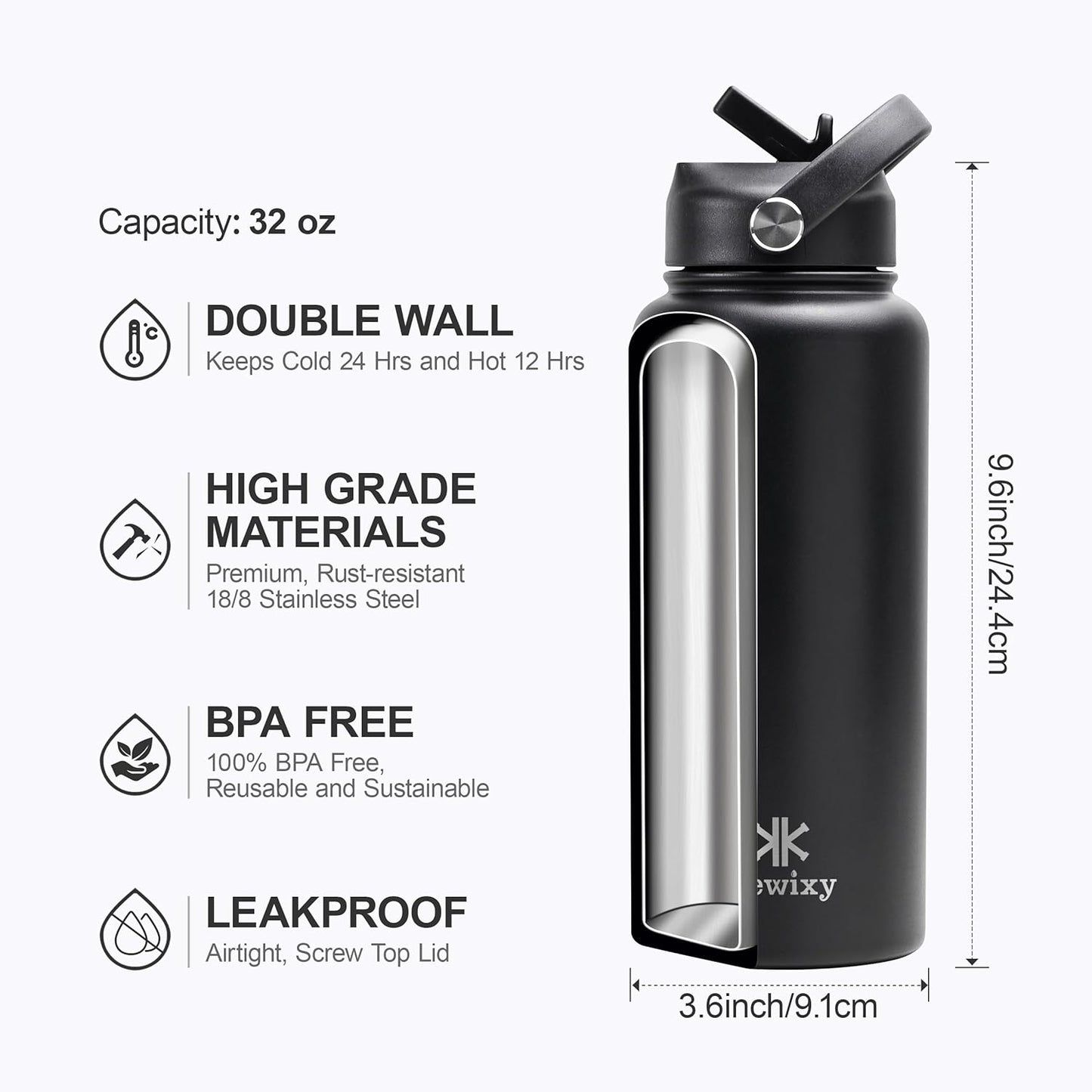 32 Oz Stainless Steel Insulated Water Bottle with Leak-Proof Flip Straw and Handle - Reusable Wide Mouth Design for Travel, Gym, and School (Carbon Black)