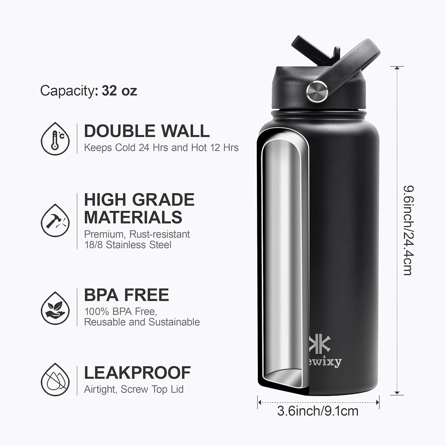 32 Oz Stainless Steel Insulated Water Bottle with Leak-Proof Flip Straw and Handle - Reusable Wide Mouth Design for Travel, Gym, and School (Carbon Black)