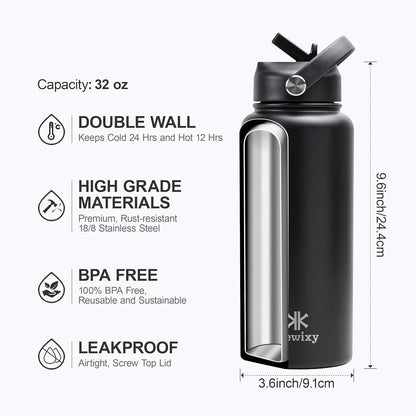 32 Oz Stainless Steel Insulated Water Bottle with Leak-Proof Flip Straw and Handle - Reusable Wide Mouth Design for Travel, Gym, and School (Carbon Black)