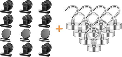 12Pack Fridge Magnets Refrigerator Magnets Magnetic Clips, 10Pack 25LBS Magnetic Hooks Heavy Duty Neodymium Magnet Hooks