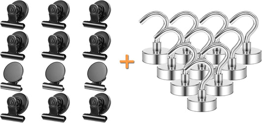 12Pack Fridge Magnets Refrigerator Magnets Magnetic Clips, 10Pack 25LBS Magnetic Hooks Heavy Duty Neodymium Magnet Hooks