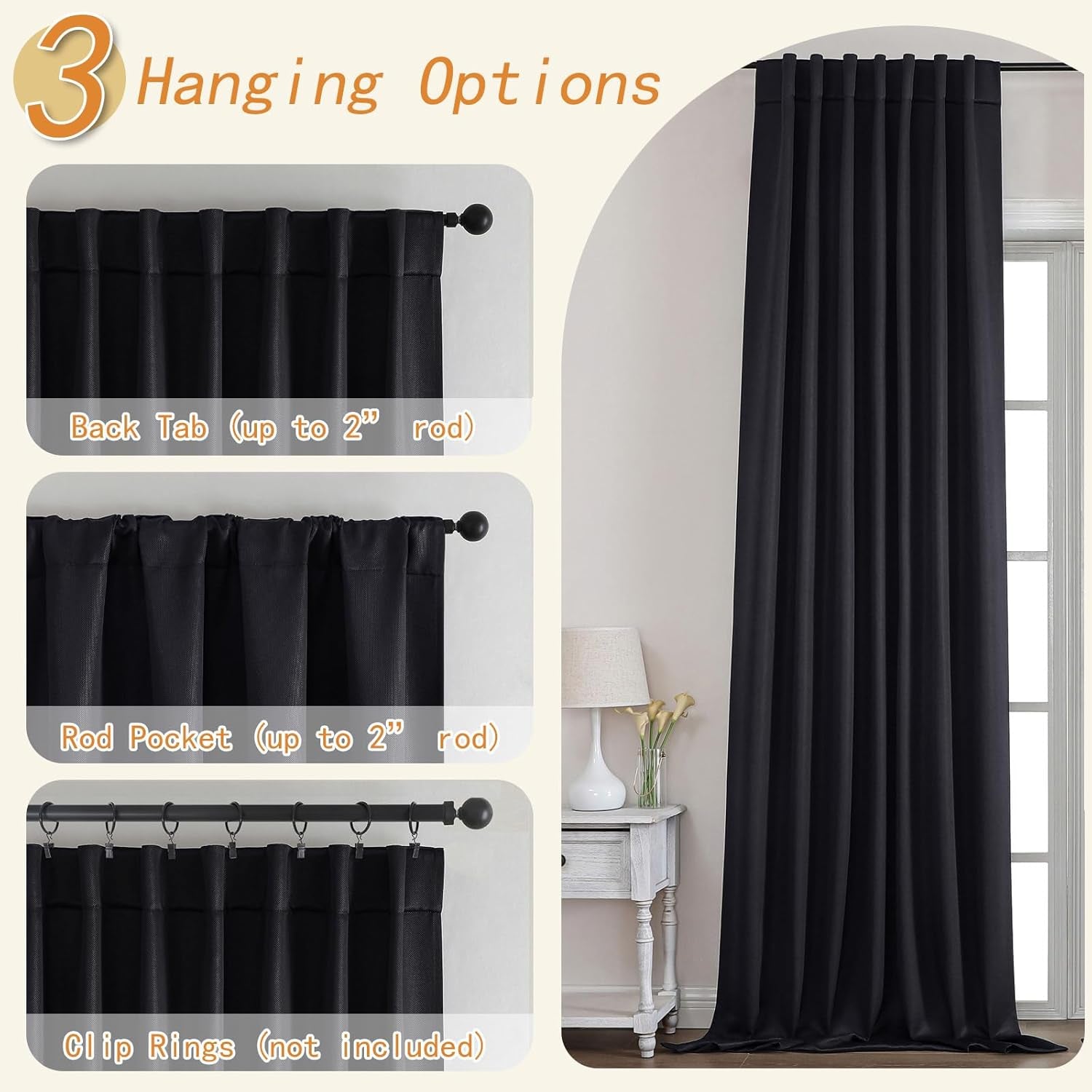 Dot Black Blackout Curtains for Bedroom 63 Inch Length 2 Panels Set, Thermal Insulated Energy Saving Noise Reducing Rod Pocket Back Tab Window Curtain Drapes, Each 40Wx63L