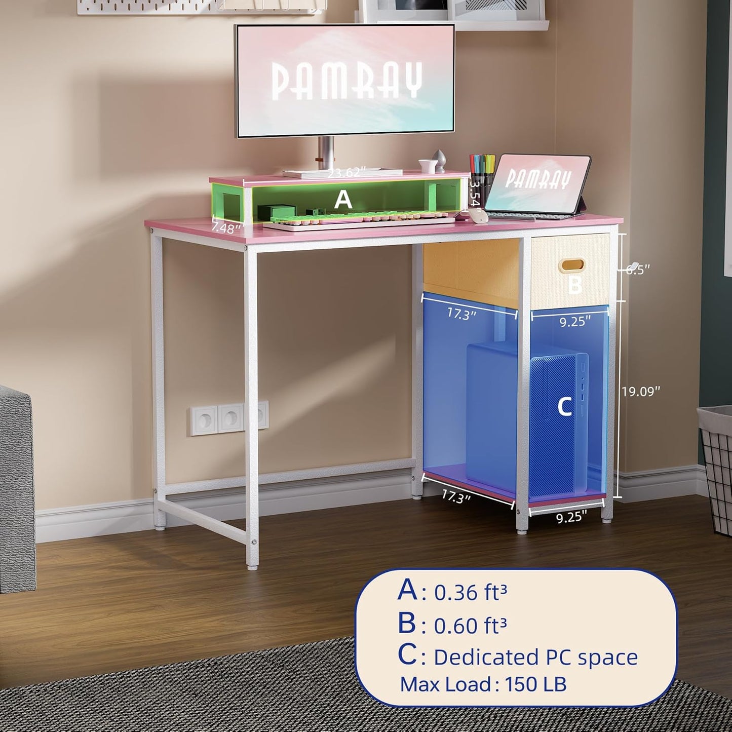 39 Inch Computer Desk with Monitor Stand Small Home Office Desks with Non-Woven Storage Drawer for Bedroom Study Table Writing and Work Desk Pink