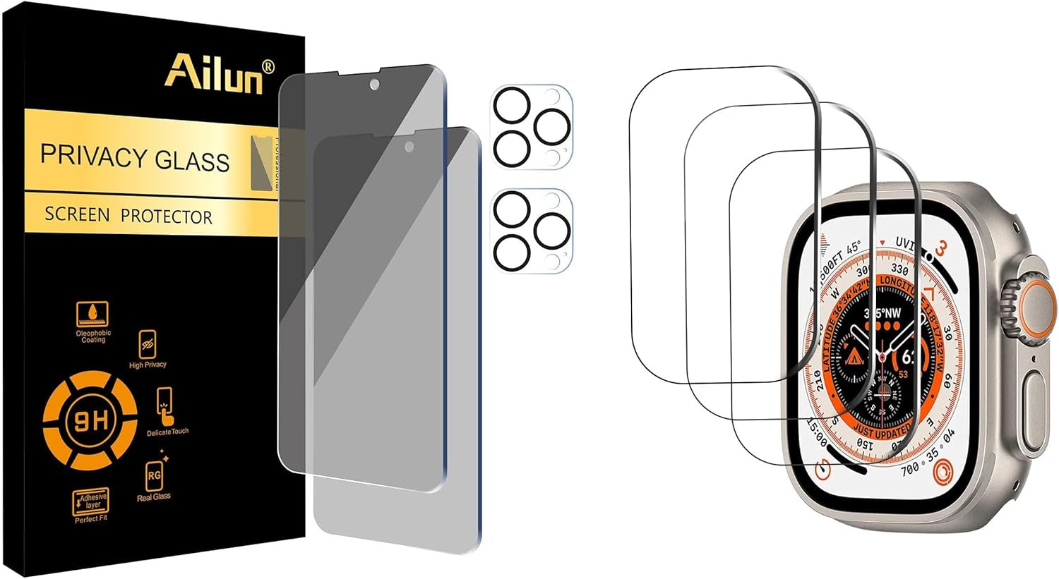 for Apple Watch Ultra 2/Ultra Screen Protector [49Mm], Tempered Glass Film and Iphone 14 Pro[6.1 Inch Display] 2Pack Privacy Screen Protector+ 2 Pack Camera Lens Protector