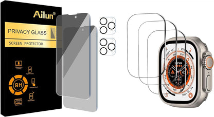 for Apple Watch Ultra 2/Ultra Screen Protector [49Mm], Tempered Glass Film and Iphone 14 Pro[6.1 Inch Display] 2Pack Privacy Screen Protector+ 2 Pack Camera Lens Protector