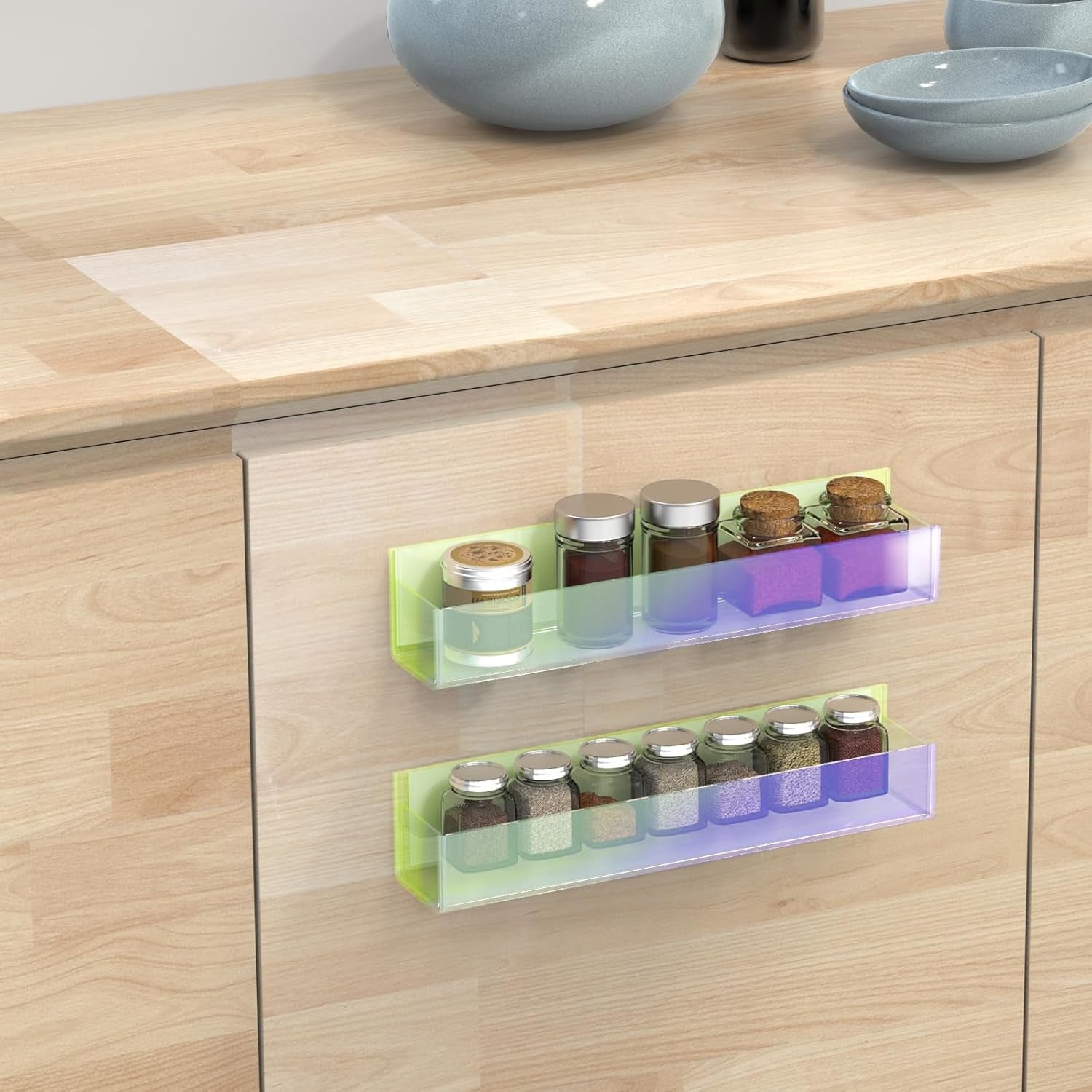 Adhesive Acrylic Spice Rack with Nano Double Sided Tape Wall Mount Organizer, Wall Spice Rack with Shelf Ends for Kitchen Cabinet Door - 2 Pack 12‘’ Shelves (Colorful)