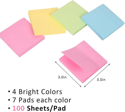 Sticky Notes 3X3 Inches Bulk 28 Pack 2800 Sheets Colored Self-Stick Pads, 100 Sheets/Pad, 4 Bright Colors (Yellow, Green, Pink, Blue) for Office Supplies, School, Home