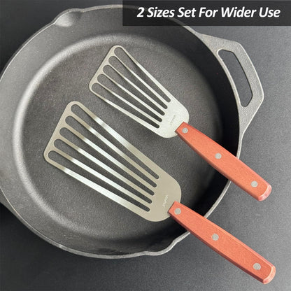 2 Pack Fish Spatula Turner, Stainless Steel Slotted Spatulas for Flipping, Turning, Frying & Grilling, 3"X6"+4"X8" Metal Slotted Spatulas, Wooden Full Tang Handle & Curved Blade