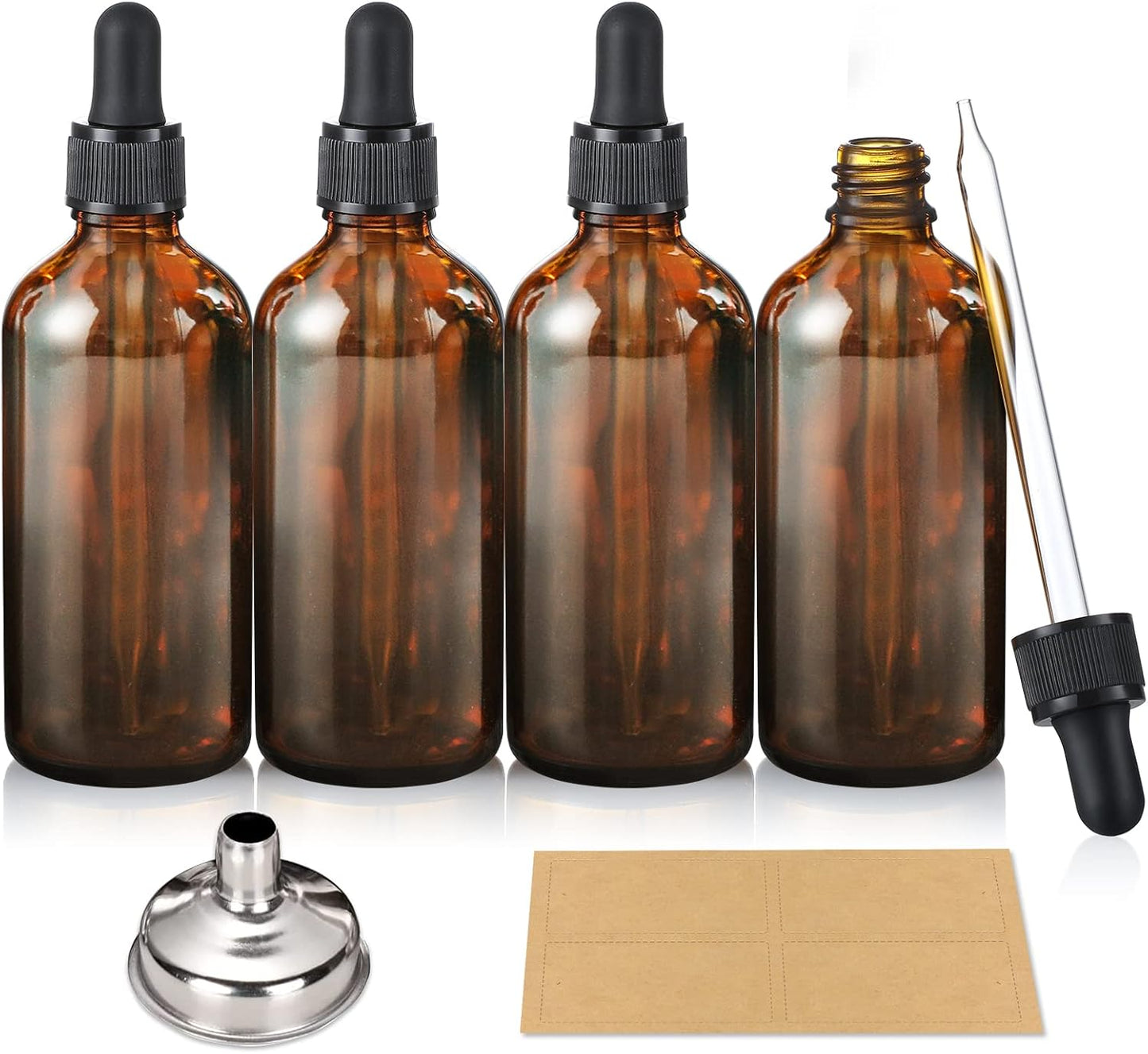 4 Pack, 100Ml Dropper Bottles with 1 Funnel & 4 Labels - Essential Oils Bottles for Health, Personal Care & Beauty - 3.4Oz Thick Dark Amber Glass Tincture Bottle with Eye Droppers, Leakproof