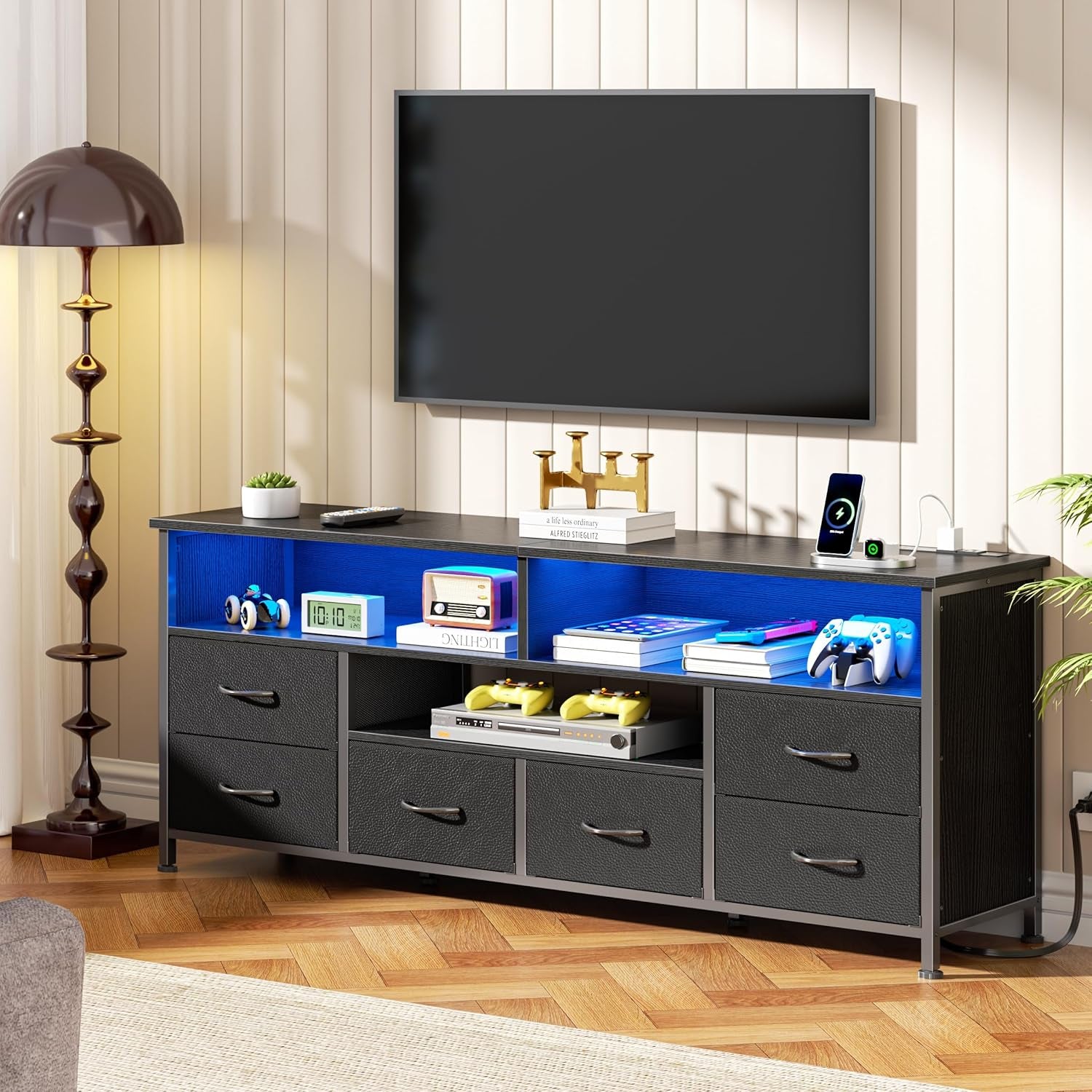 55" LED TV Stand for Bedroom with Power Outlets, Entertainment Center with 6 Fabric Drawers for 50/55/60 Inch Tvs, Dresser TV Stand Long Console Media Table for Living Room, PU Black