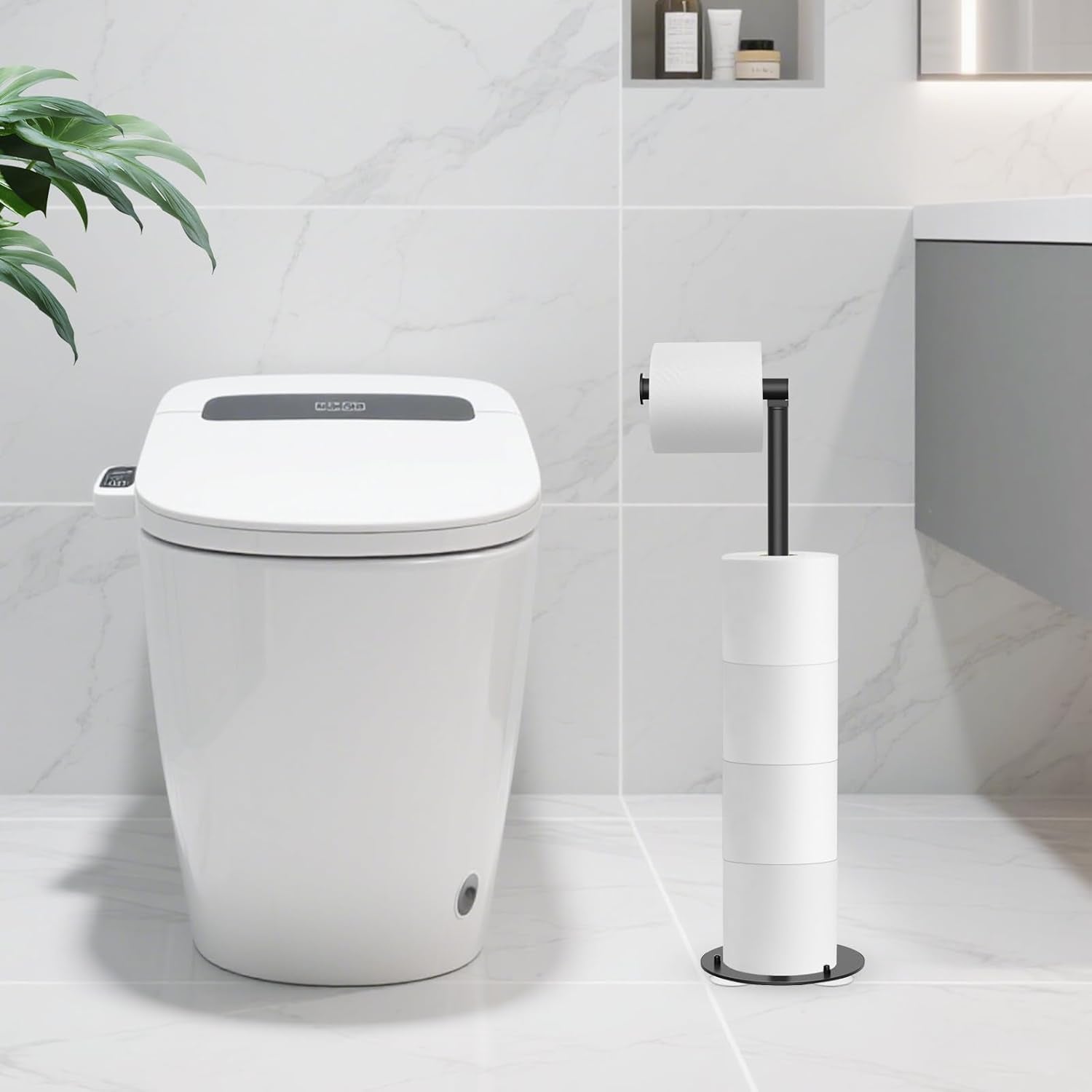 Suction Cup Toilet Paper Holder Stand Free Standing Toilet Paper Holder with Suction Cups, Stainless Steel Toilet Paper Storage for Bathroom, Weighted Base, Black