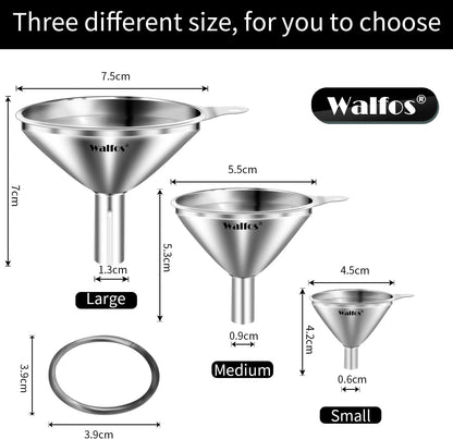 Mini Stainless Steel Funnels, Multi-Use Small Kitchen Funnel Set, for Transferring Liquid, Fluid, Essential Oils, Powder,Tiny Spices,Long-Lasting and Dishwasher Safe (3 In、2.2 In、1.7In)