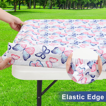 Rectangle Printed Fabric Tablecloth, Elastic Fitted Table Cloth for 6 Foot Table, Washable Polyester Table Cover for Outdoor, Picnic, Camping and Indoor, (Butterflies, 30" X 72")