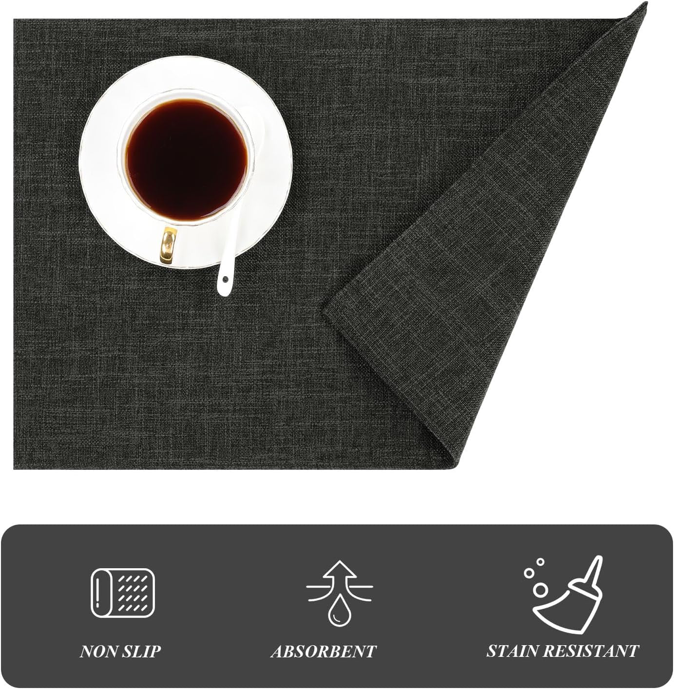 Washable Cloth Placemats Set of 4 Cotton Linen Double Layer Thickened Machine Washable Table Mats Non Slip Heat Resistant Fabric Place Mats for Dining Table, Black