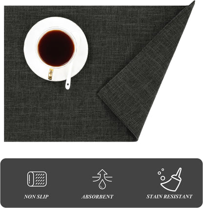 Washable Cloth Placemats Set of 4 Cotton Linen Double Layer Thickened Machine Washable Table Mats Non Slip Heat Resistant Fabric Place Mats for Dining Table, Black