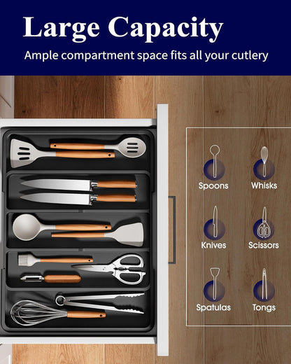Expandable Silverware Organizer – Large Utensil Drawer Kitchen Organization with 5 Compartments, Easy-Clean, Home & Apartment Essentials, Black, 13.6" X 1.4"X 11.0"~19.9"