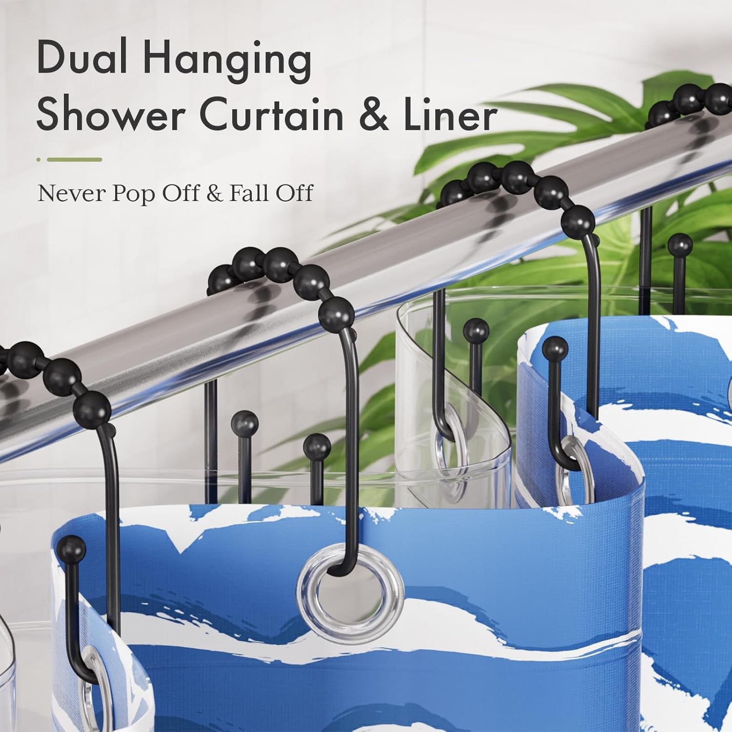 Shower Curtain Hooks, Black Rust Proof Non-Slip Double Hooks for Shower Curtain, Sturdy Metal Rings Bathroom 12Pcs