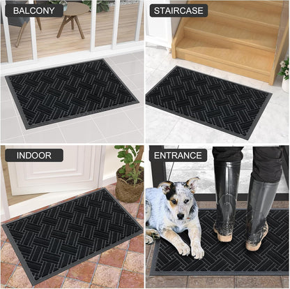 Indoor Outdoor Mat, Sturdy Natural Rubber Floor Mat, Non Slip Low Profile Waterproof Doormat, and Stain Front Door Mats, Easy Clean Patio Entrance Mat, 30''X17'', Black