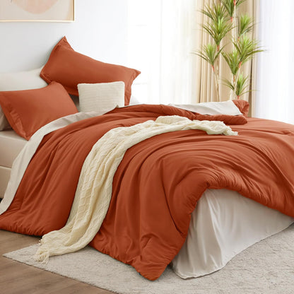 King Size Comforter Set Burnt Orange and Beige, 7 Pieces King Bedding Set Contrasting Design with Comforter, Flat Sheets, Fitted Sheet, Pillowcases & Shams, Bed in a Bag for All Season
