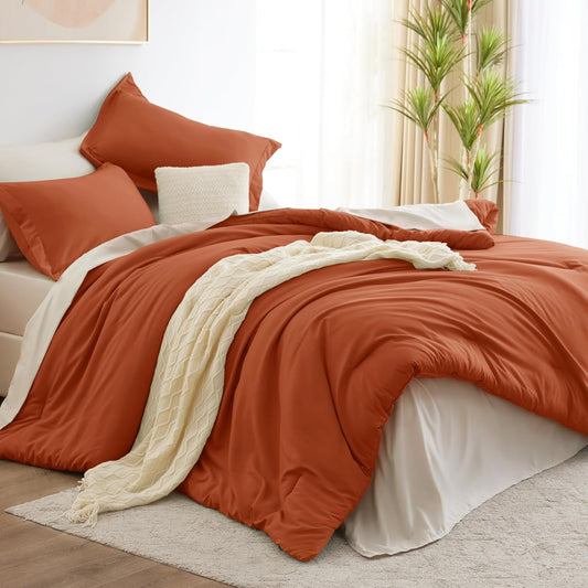 King Size Comforter Set Burnt Orange and Beige, 7 Pieces King Bedding Set Contrasting Design with Comforter, Flat Sheets, Fitted Sheet, Pillowcases & Shams, Bed in a Bag for All Season