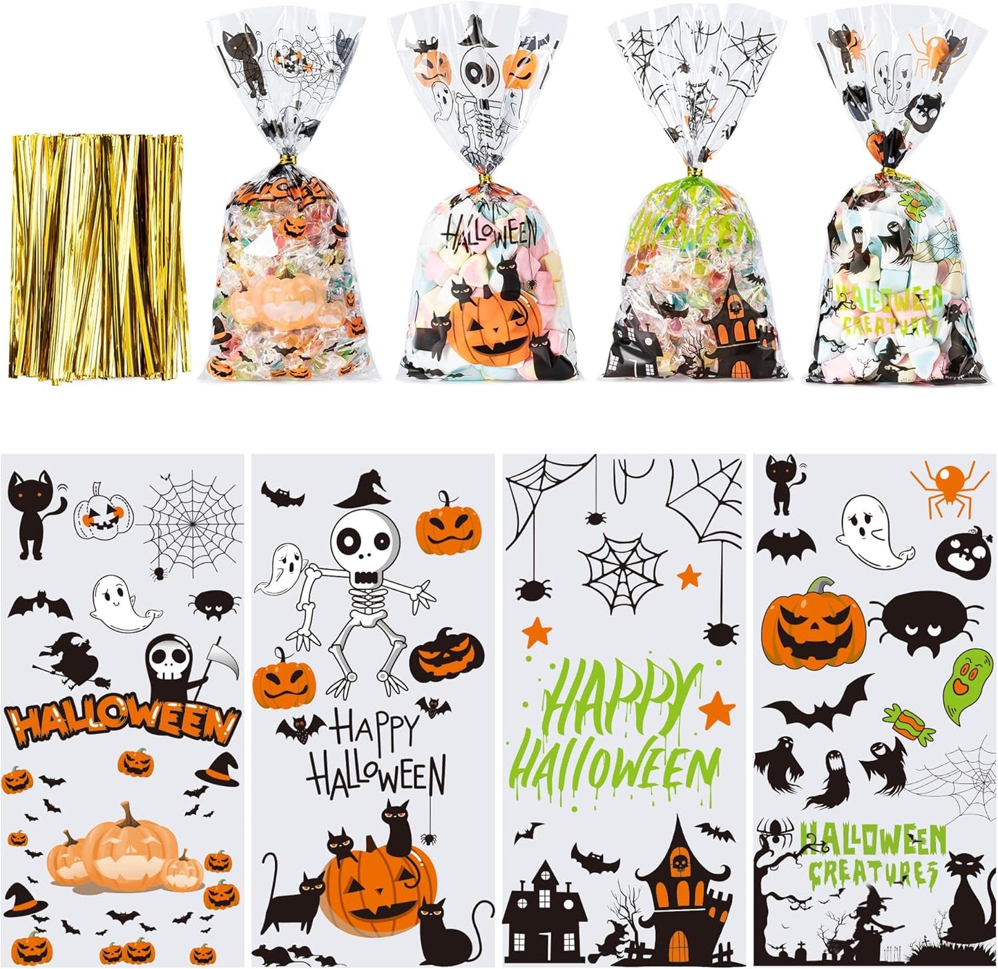 Halloween Cellophane Treat Bags, 200Pcs Trick or Treat Goody Bags with 220Pcs Twists for Snacks Cookies Packing, Party Supplies,Halloween 01