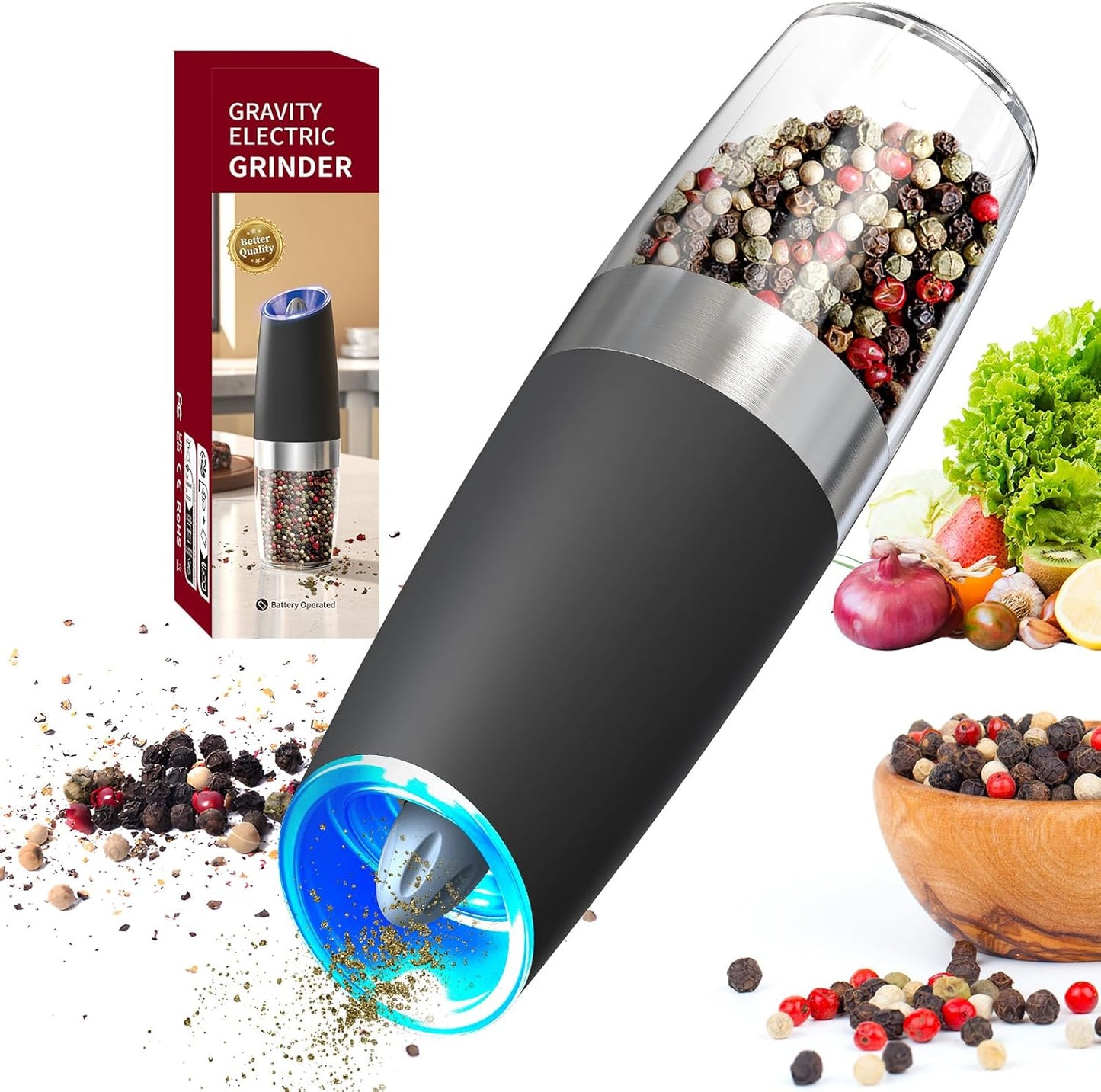 Gravity Electric Pepper Grinder Salt Grinder Pepper Griner Mill Electric with LED Light, Battery Operated, Adjustable Coarseness, Washable 135Ml Container, 1 Pcs