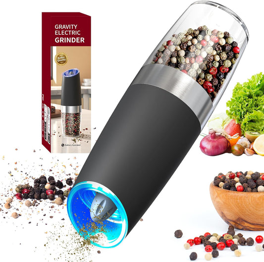 Gravity Electric Pepper Grinder Salt Grinder Pepper Griner Mill Electric with LED Light, Battery Operated, Adjustable Coarseness, Washable 135Ml Container, 1 Pcs