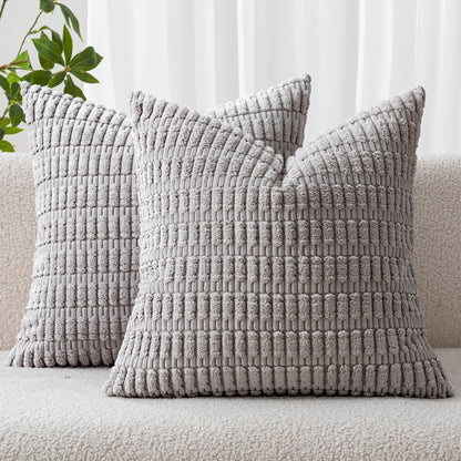 Pack of 2 Corduroy Decorative Throw Pillow Covers 18X18 Inch Soft Boho Striped Pillow Covers Modern Farmhouse Home Decor for Sofa Living Room Couch Bed Light Grey