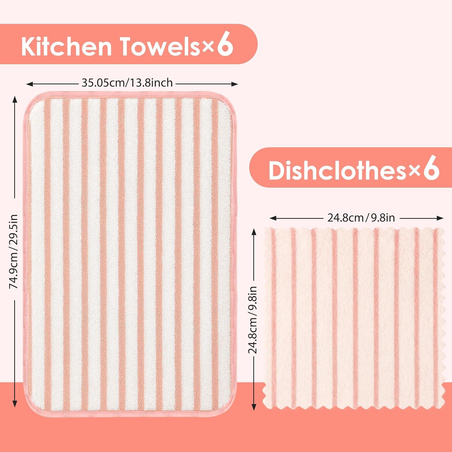 12 PCS Pink Kitchen Towels and Dishcloths Sets, Microfiber Cleaning Cloth, Dish Cloths for Washing Dishes, Drying Towel for Kitchen, Hand Rags with Hanging Loops