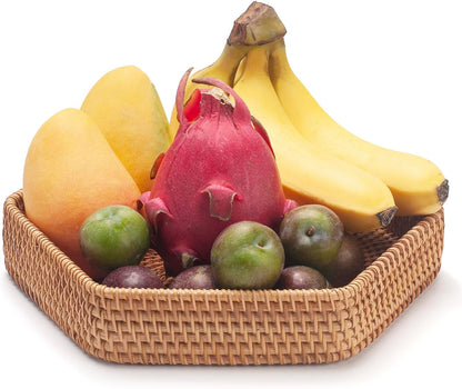 Hexagon Rattan Serving Tray for Coffee Table Woven Decorative Basket Trays for Ottoman Natural (9.8Inch X 2Inch)