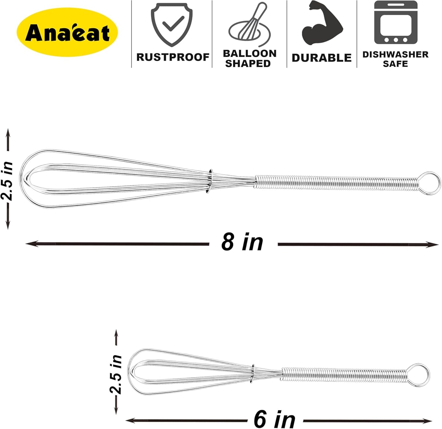 Small Wire Whisk Set of 2, Portable Stainless Steel Kitchen Tiny Whisk & Egg Beater with Thick Wire - Sturdy Mini Mixing Balloon for Cooking, Blending, Whiping, Beating and Stirring (6" + 8")