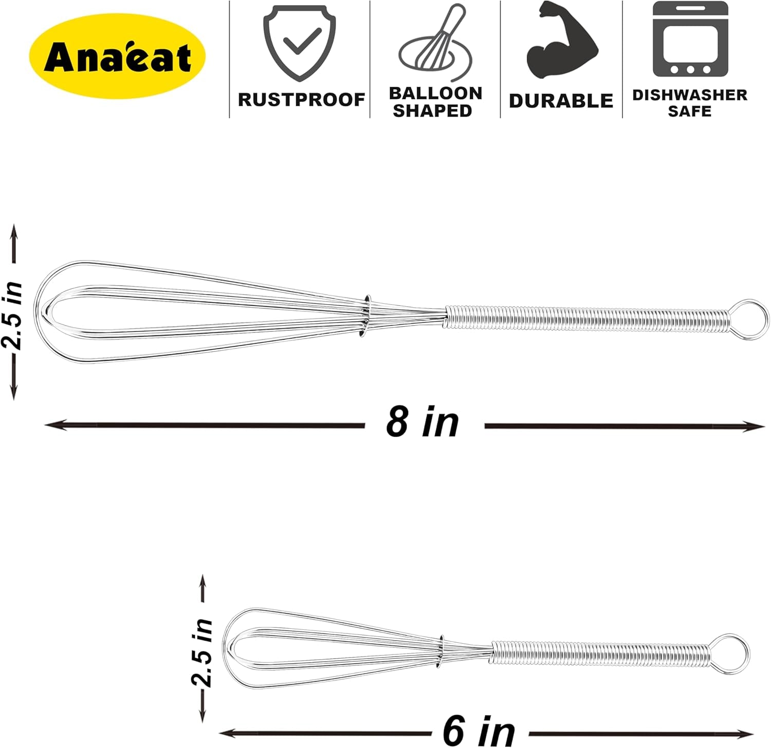 Small Wire Whisk Set of 2, Portable Stainless Steel Kitchen Tiny Whisk & Egg Beater with Thick Wire - Sturdy Mini Mixing Balloon for Cooking, Blending, Whiping, Beating and Stirring (6" + 8")