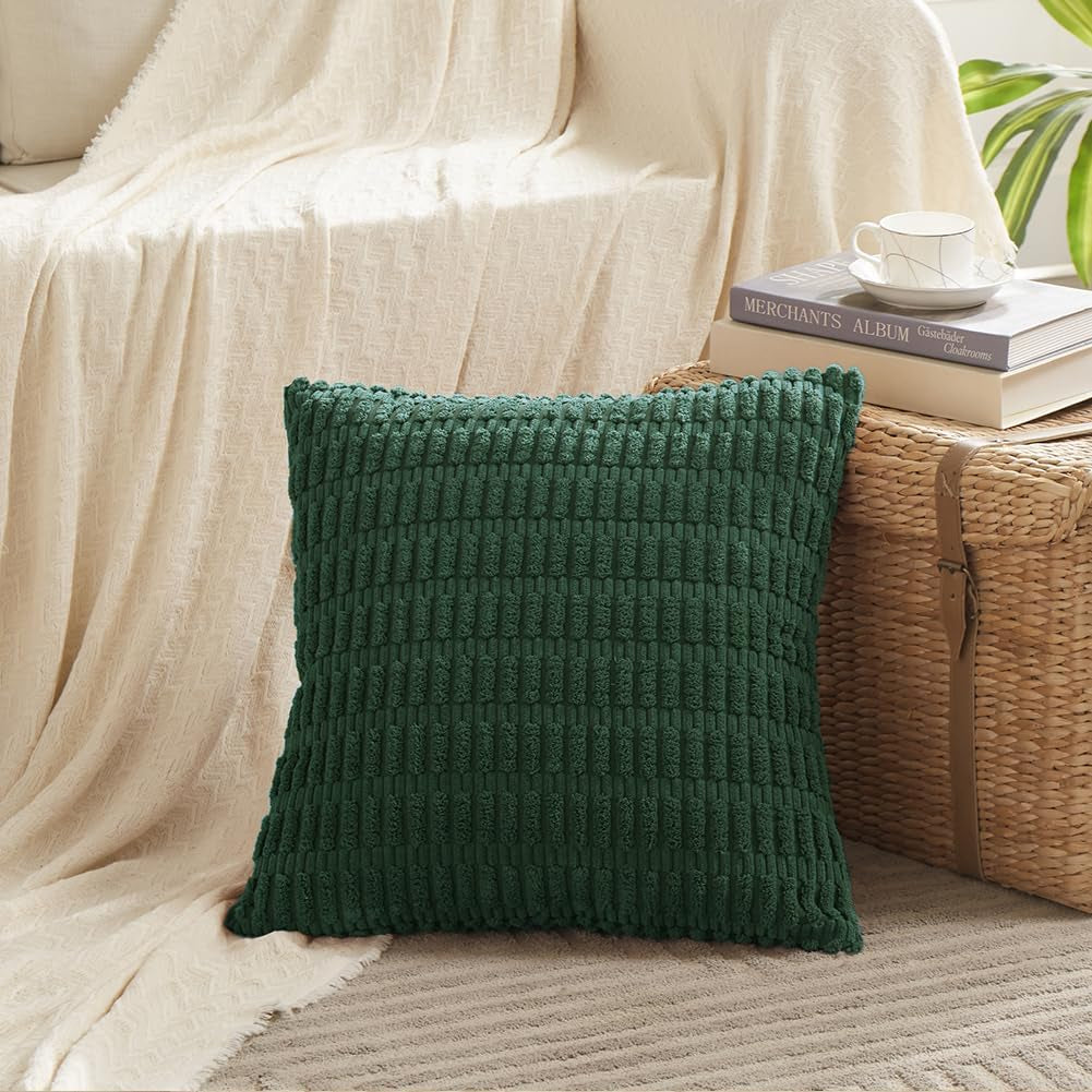2 Packs Boho Dark Green Decorative Throw Pillow Covers 18X18 Inch for Couch Bed Sofa, Rustic Modern Farmhouse Home Decor, Soft Plush Corduroy Cute Square Cushion Case 45X45 Cm