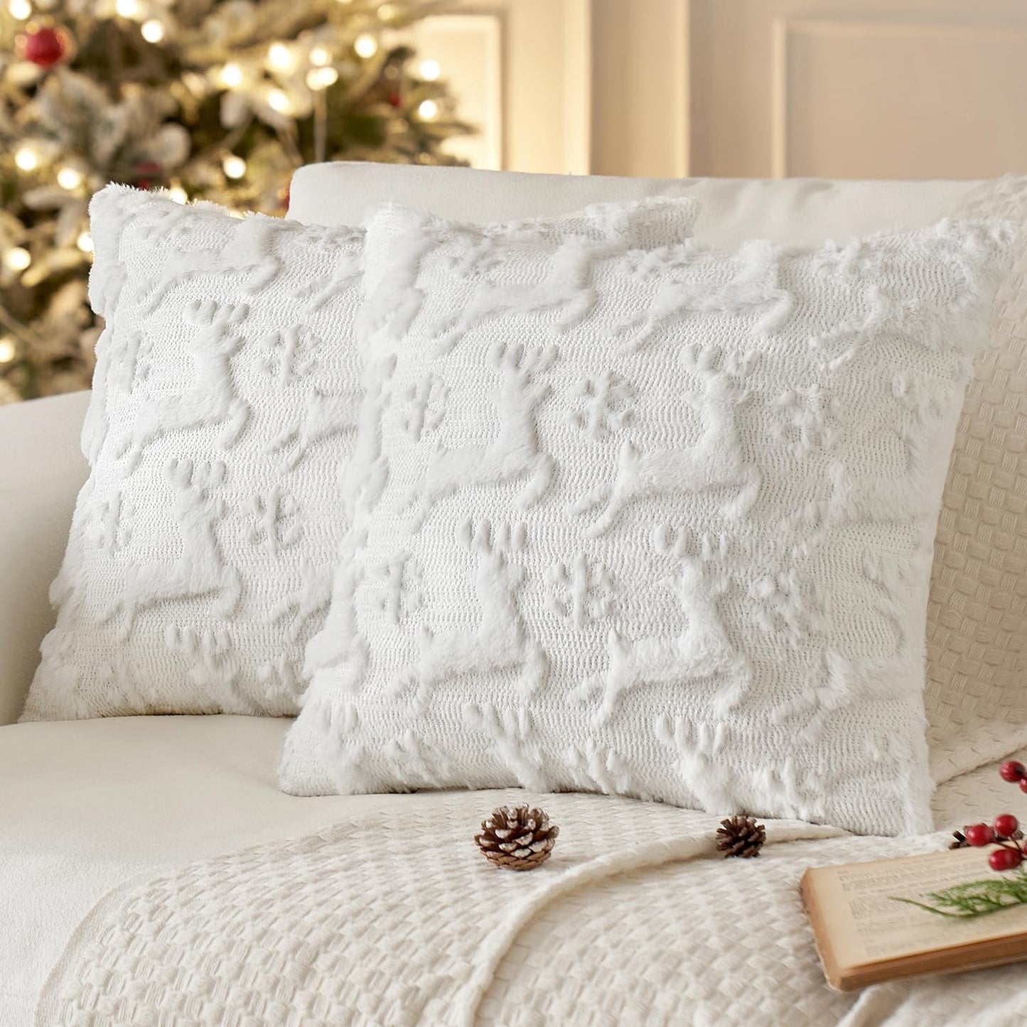 Christmas Reindeer and Snowflakes Pillow Covers 18X18 Inch Pure White Throw Pillows Set of 2 Decorative Festival Soft Fluffy Winter Pillow Covers for Home Decors Couch Sofa Livingroom Bed