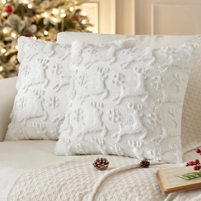 Christmas Reindeer and Snowflakes Pillow Covers 18X18 Inch Pure White Throw Pillows Set of 2 Decorative Festival Soft Fluffy Winter Pillow Covers for Home Decors Couch Sofa Livingroom Bed