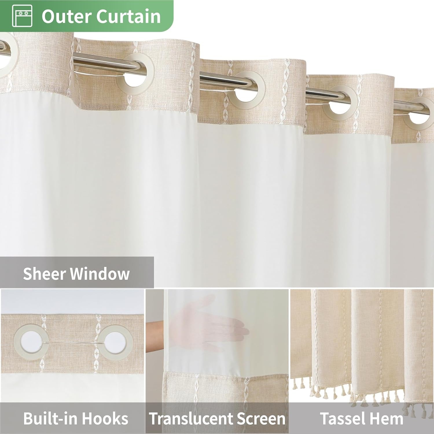 Boho Farmhouse No Hook Shower Curtain Set with Snap-In Fabric Liner,Heavy-Duty Linen Textured Rustic Striped Design,Water-Repellent with Tassels and Sheer Window,Cream/Beige,71X74