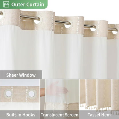 Boho Farmhouse No Hook Shower Curtain Set with Snap-In Fabric Liner,Heavy-Duty Linen Textured Rustic Striped Design,Water-Repellent with Tassels and Sheer Window,Cream/Beige,71X74