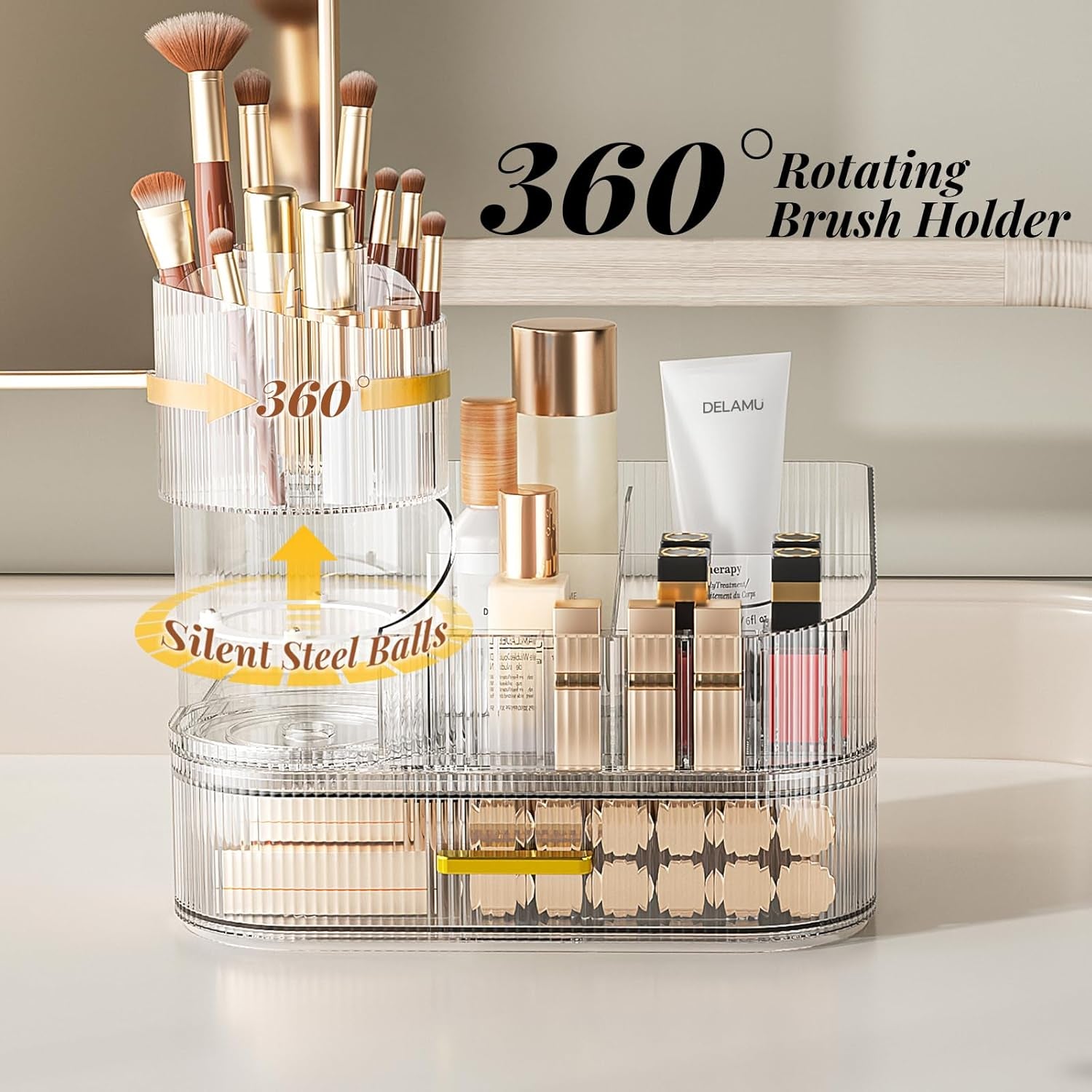 Makeup Organizer for Vanity with Stackable Drawers, 360 Rotating Makeup Brush Holder Large Cosmetic Display Case for Dresser, Bathroom Countertop Skincare Organizers and Storage, Crystal Clear