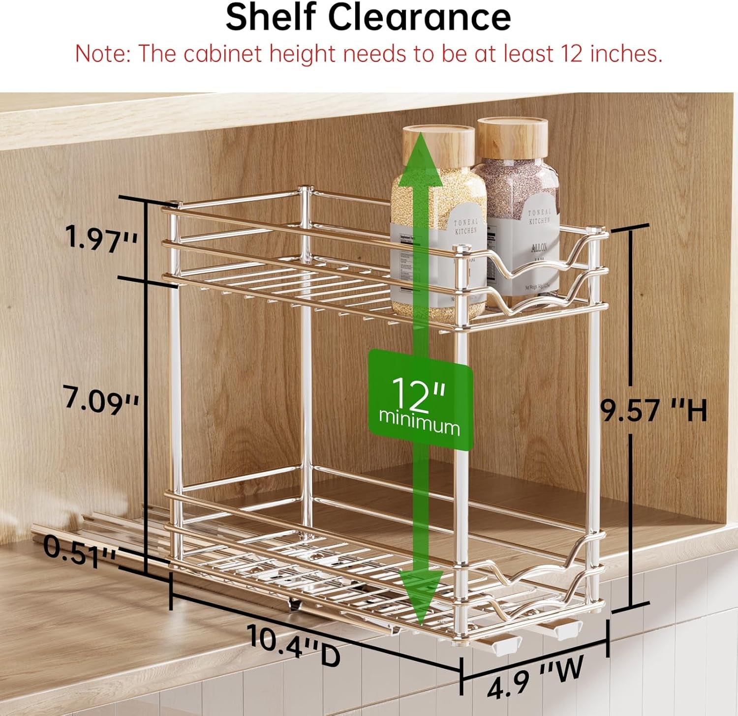 Pull Out Spice Rack Organizer for inside Cabinet, Slide Out Spice Organization for Cabinet, 4.9''Wx10.4''Dx9.57''H, Chrome Vertical Sliding Seasoning Organizer - 2 Tier