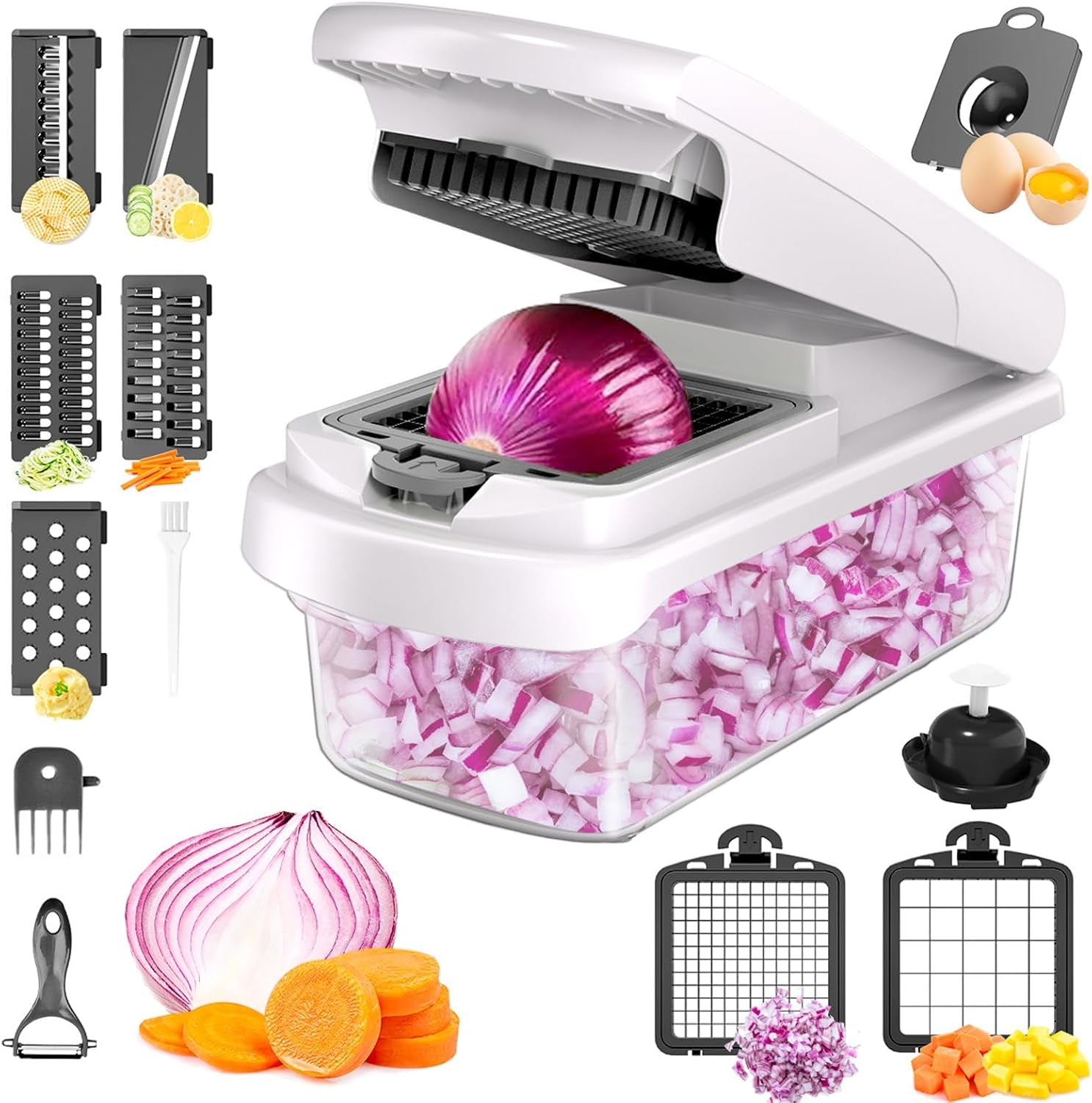 Vegetable Chopper for Mandoline Slicer, 15-In-1 Veggie Choppers, Cheese Grater, Onion Cutter with Container, Kitchen Gadgets Essentials, Vegetable Dicer, Onion Mincer Tomato Slicer (White)