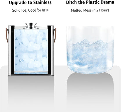 Double-Wall Vacuum Insulated Ice Bucket with Lid, Scoop, Ice Tong, Strainer & Leather Handle Keep Ice Frozen Longer Large Wine Ice Buckets for Cocktail Bar,Parties Chilling Beer Champagne 3L