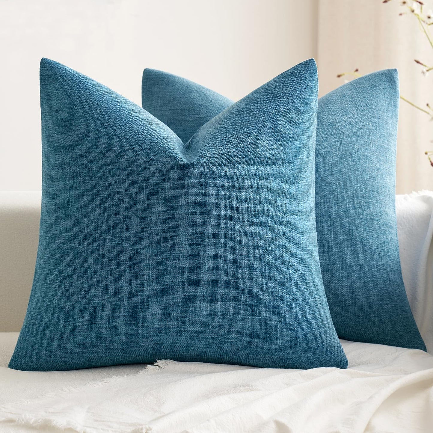 Pack of 2 Decorative Farmhouse Linen Pillow Covers Rustic Boho Accent Outdoor Couch Throw Pillow Covers for Cushion Bed Sofa Living Room Home Decor 18X18 Inch Blue