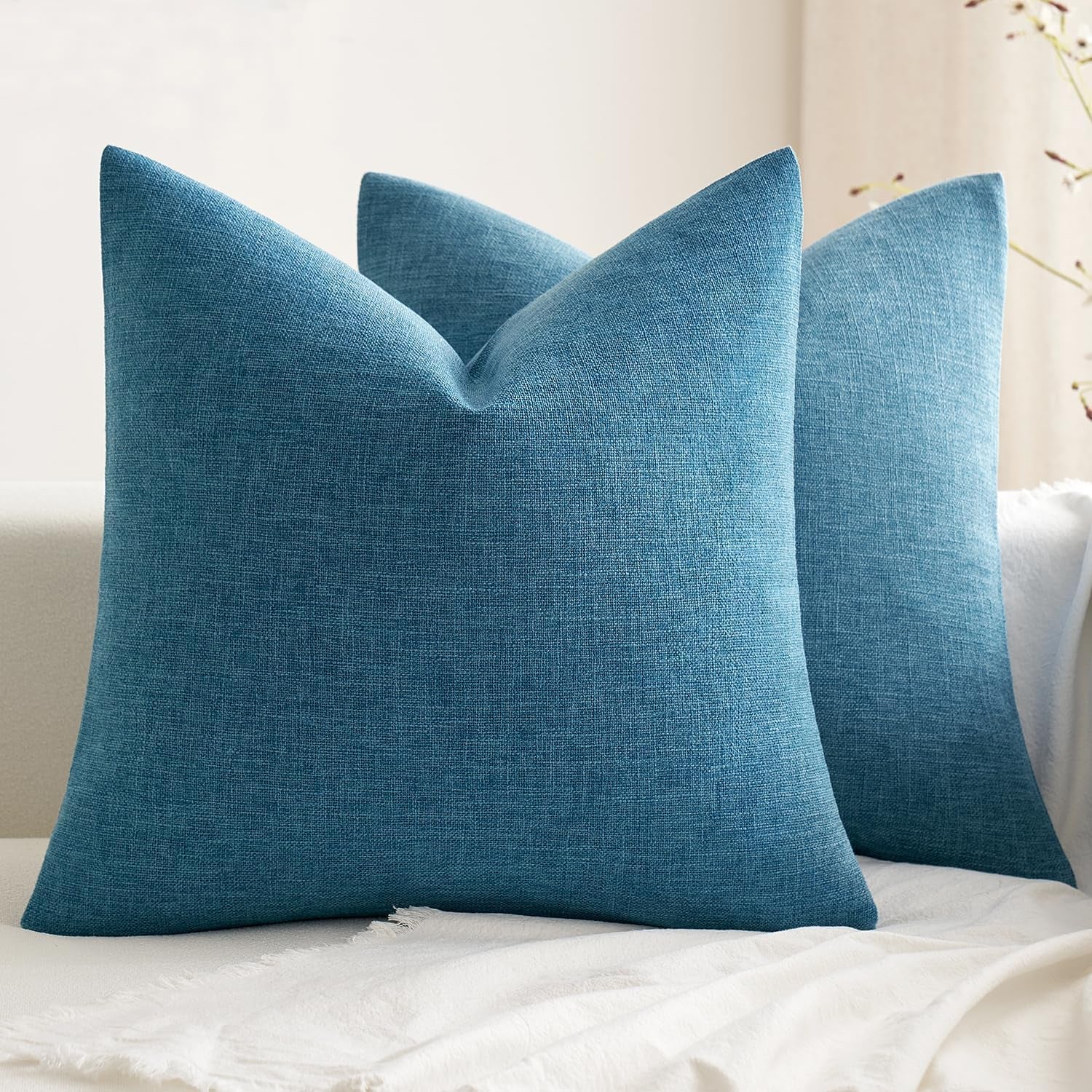 Pack of 2 Decorative Farmhouse Linen Pillow Covers Rustic Boho Accent Outdoor Couch Throw Pillow Covers for Cushion Bed Sofa Living Room Home Decor 18X18 Inch Blue