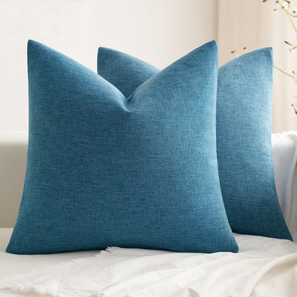 Pack of 2 Decorative Farmhouse Linen Pillow Covers Rustic Boho Accent Outdoor Couch Throw Pillow Covers for Cushion Bed Sofa Living Room Home Decor 18X18 Inch Blue