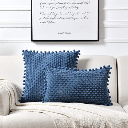 Set of 2 Dusty Blue Decorative Throw Pillow Covers 18X18 Inch with Pom-Poms for Couch Bed Sofa, Rustic Farmhouse Boho Home Decor, Soft Plush Corduroy Cute Cushion Case 45X45 Cm