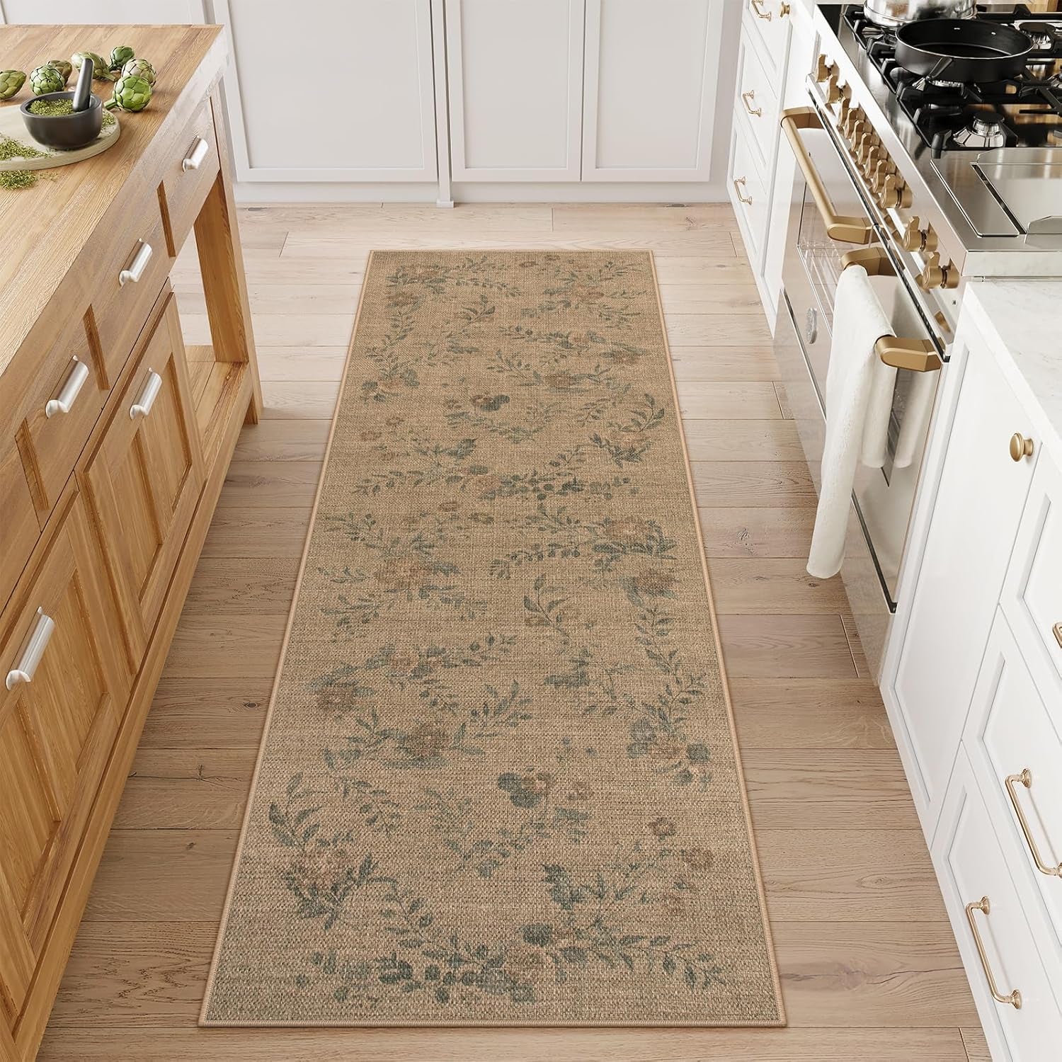 Floral Easy Jute Kitchen Runner Rug, 2X6 Carpet for Hallway 6Ft Non Slip Outdoor Mat for Entryway, Neutral Indoor Outdoor Runner Rugs Washable Carpet for Hallways